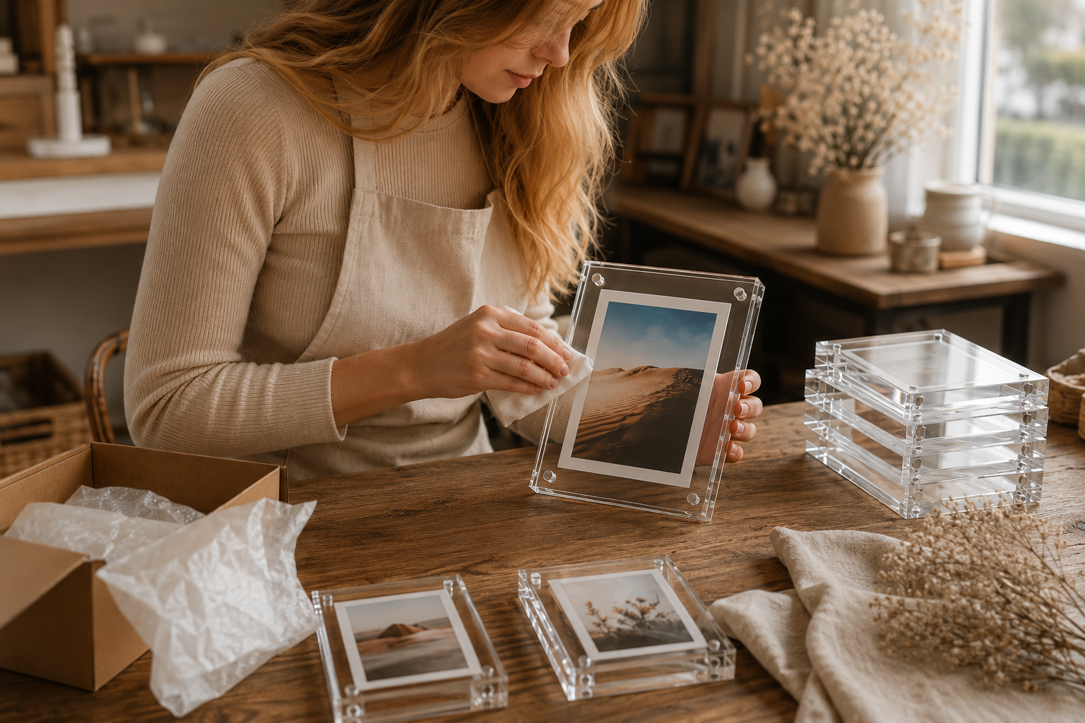 Megan assembling an acrylic photo frame in her studio