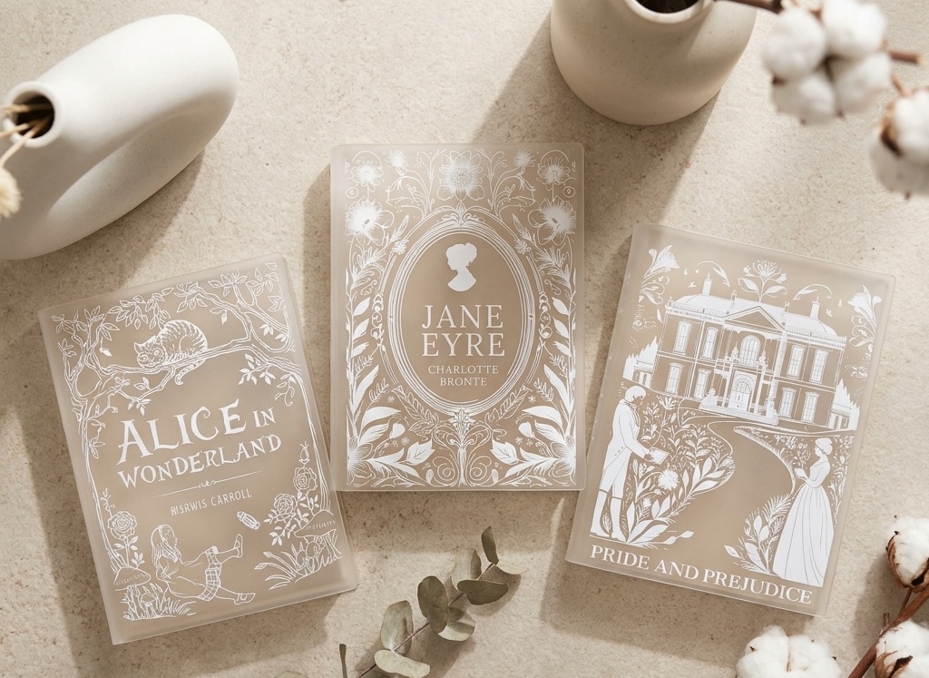 Frosted acrylic book vases — Alice in Wonderland, Jane Eyre and Pride and Prejudice — styled with eucalyptus and cotton